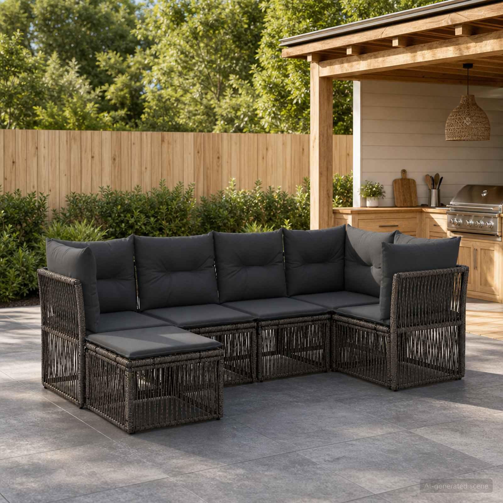 Havesofa sæt 6 stk. i grå polyrattan til terrasse og have