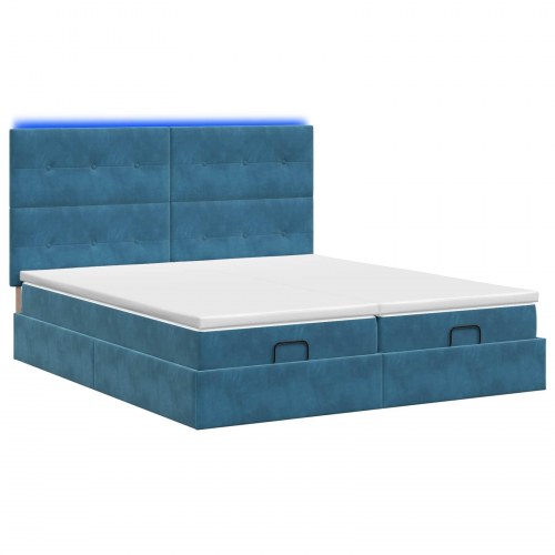 Ottoman seng med madras og LED mørkeblå 200 x 200 cm velour