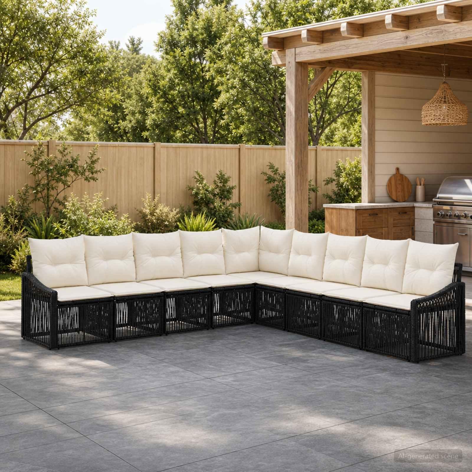 Havesofa sæt 9 stk. i sort polyrattan med cremehvide puder