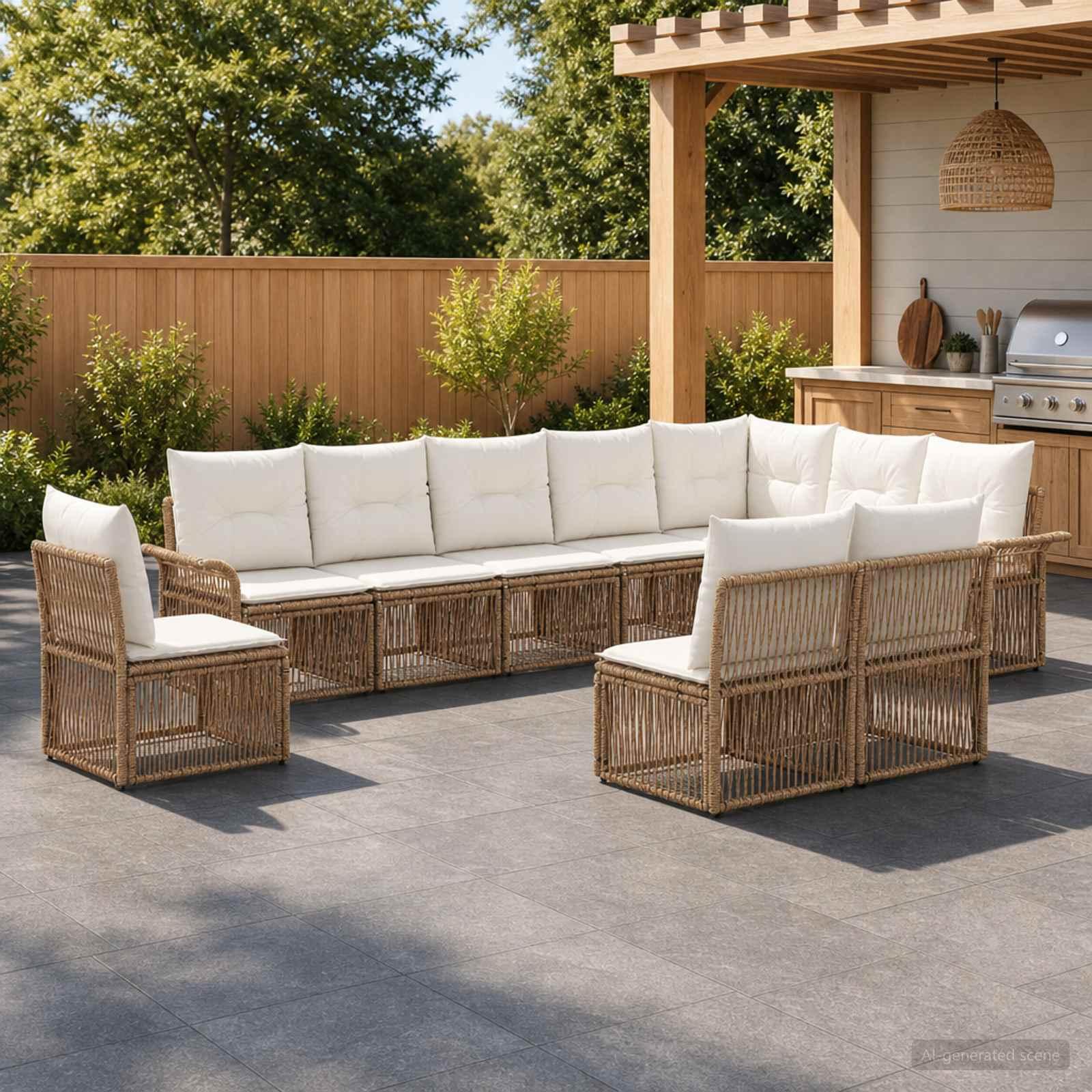 Havesofa sæt 10 stk. i beige polyrattan til have og terrasse