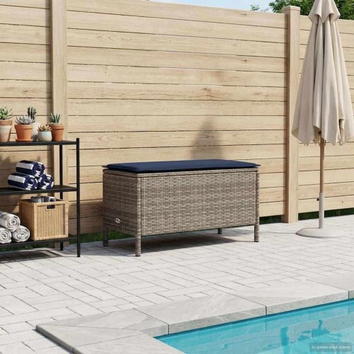Havepuf med pude i PE-rattan 80 x 38 x 42 cm - grå og marineblå
