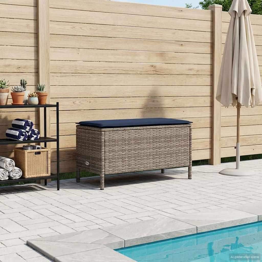 Havepuf med pude i PE-rattan 80 x 38 x 42 cm - grå og marineblå