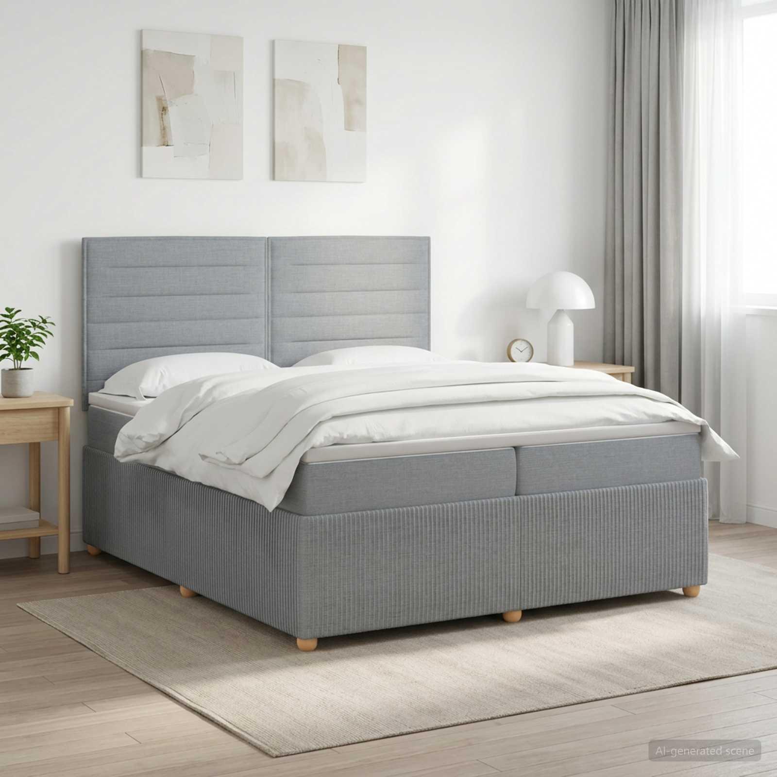 Boxmadras seng 200 x 200 cm med topmadras og justerbar hovedgavl - lysegrå