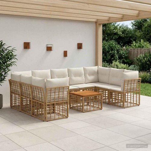 Udendørs sofagruppe 10 stk. naturlig og creme hvid i polyrattan