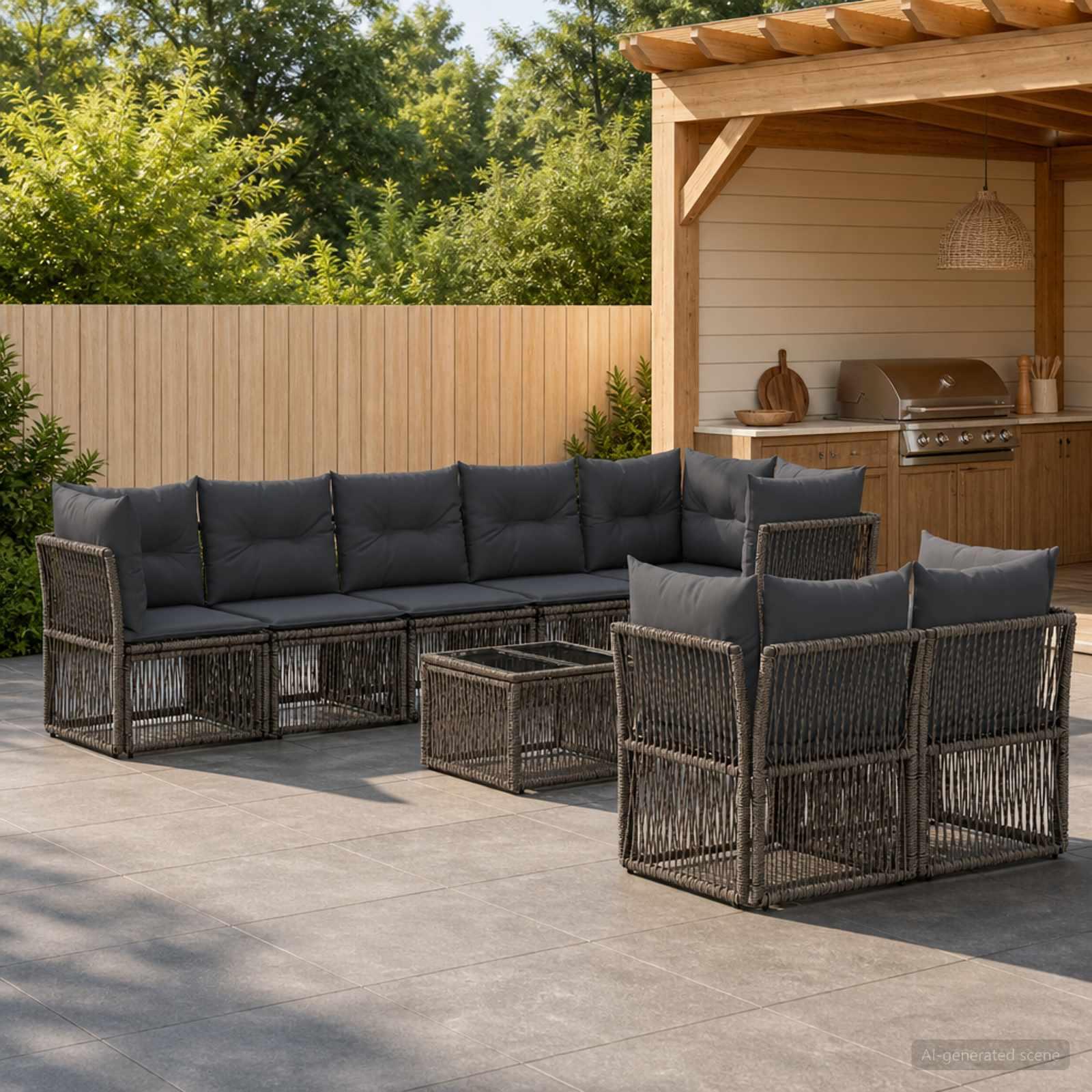 Havesofa sæt 9 stk. i grå polyrattan til terrasse og have