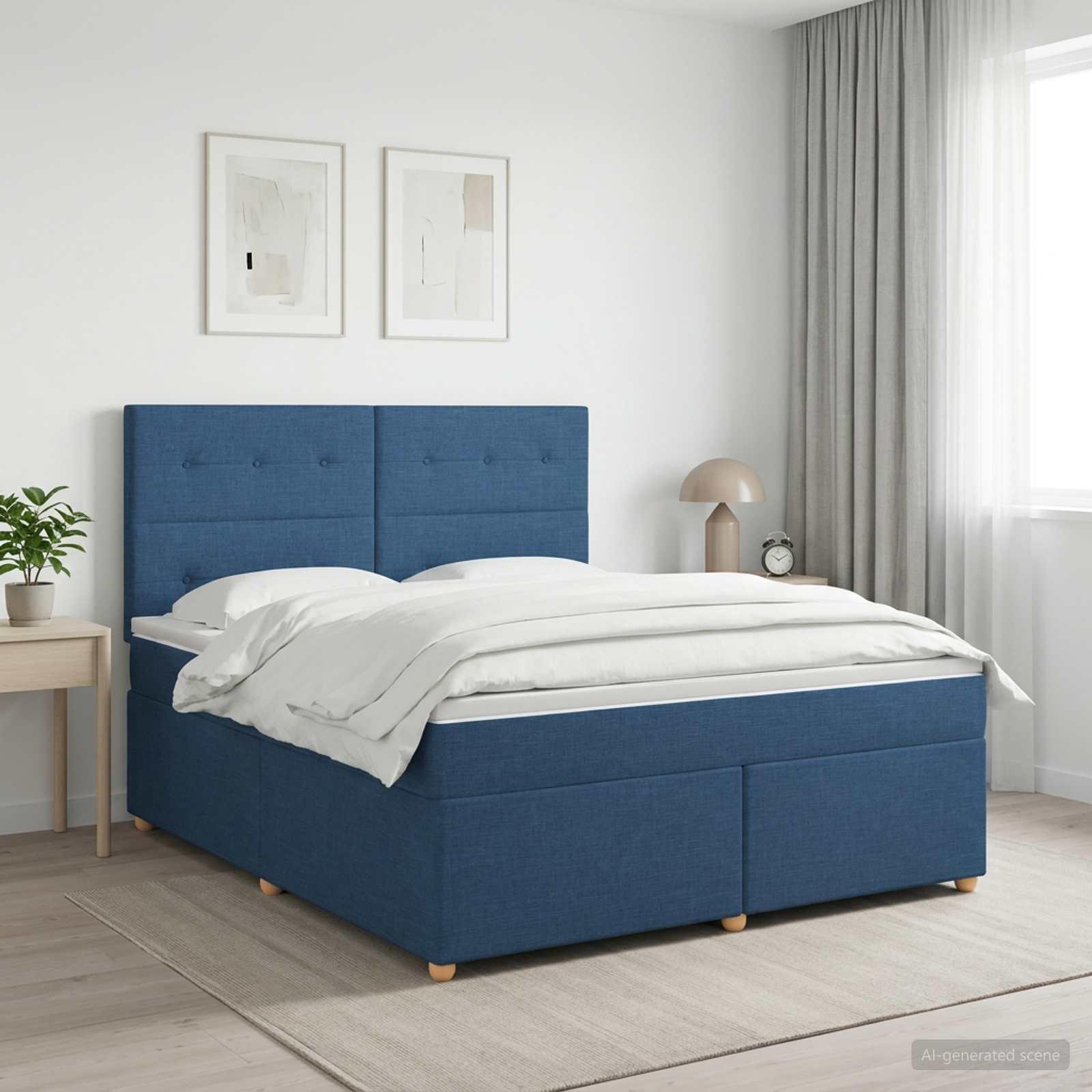 Boxmadras seng med topmadras og hovedgærde 160 x 200 cm - blå stof