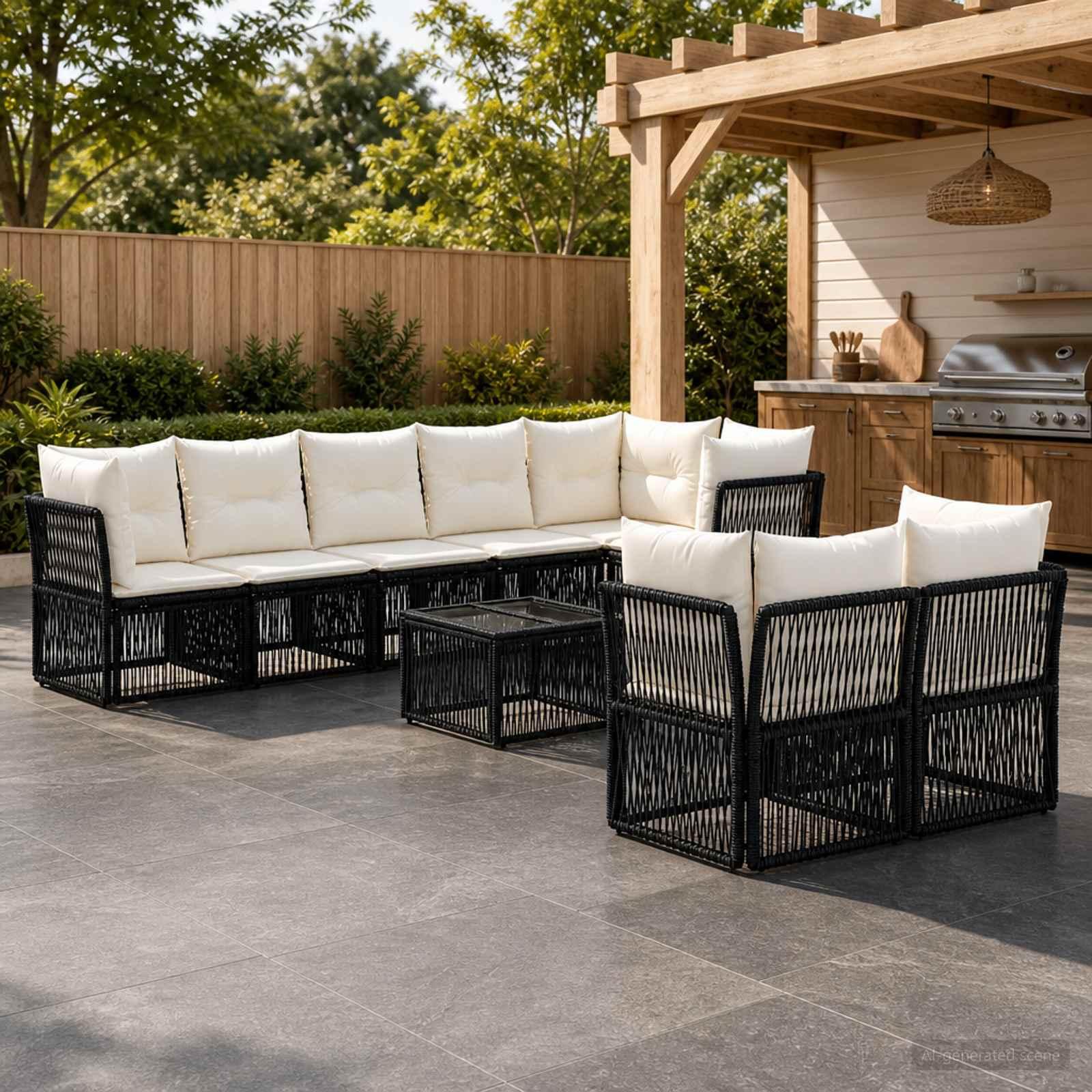 Havesofa sæt 9 stk. i sort polyrattan til terrasse og have