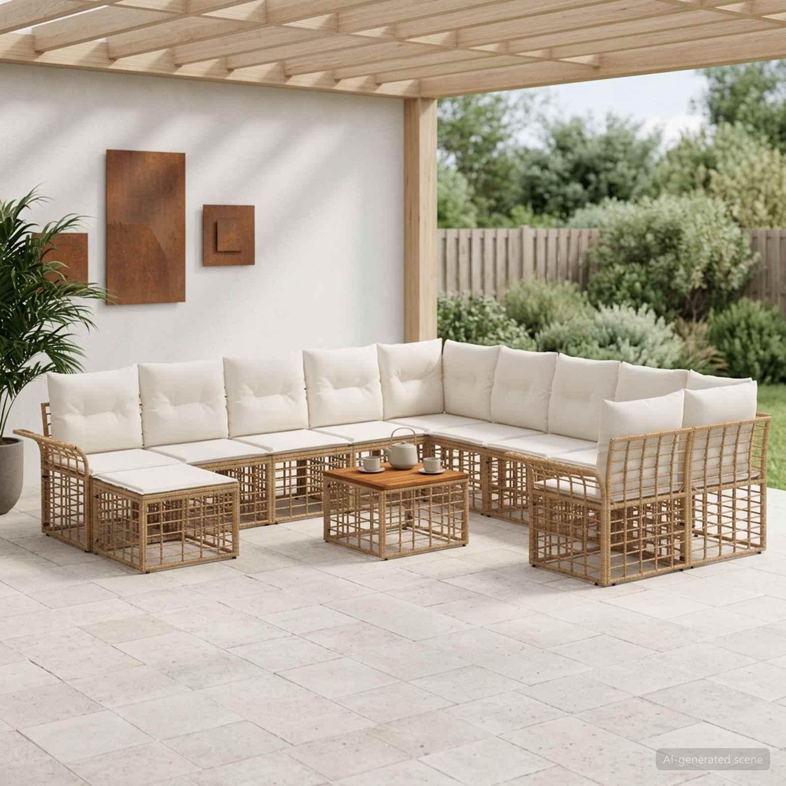 Udendørs sofagruppe 12 stk. i polyrattan med bord - naturlig og cremehvid