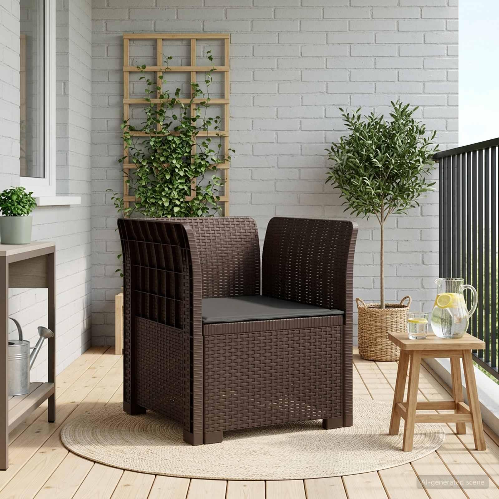 1-personers lænestol med pude i rattan look PP brun