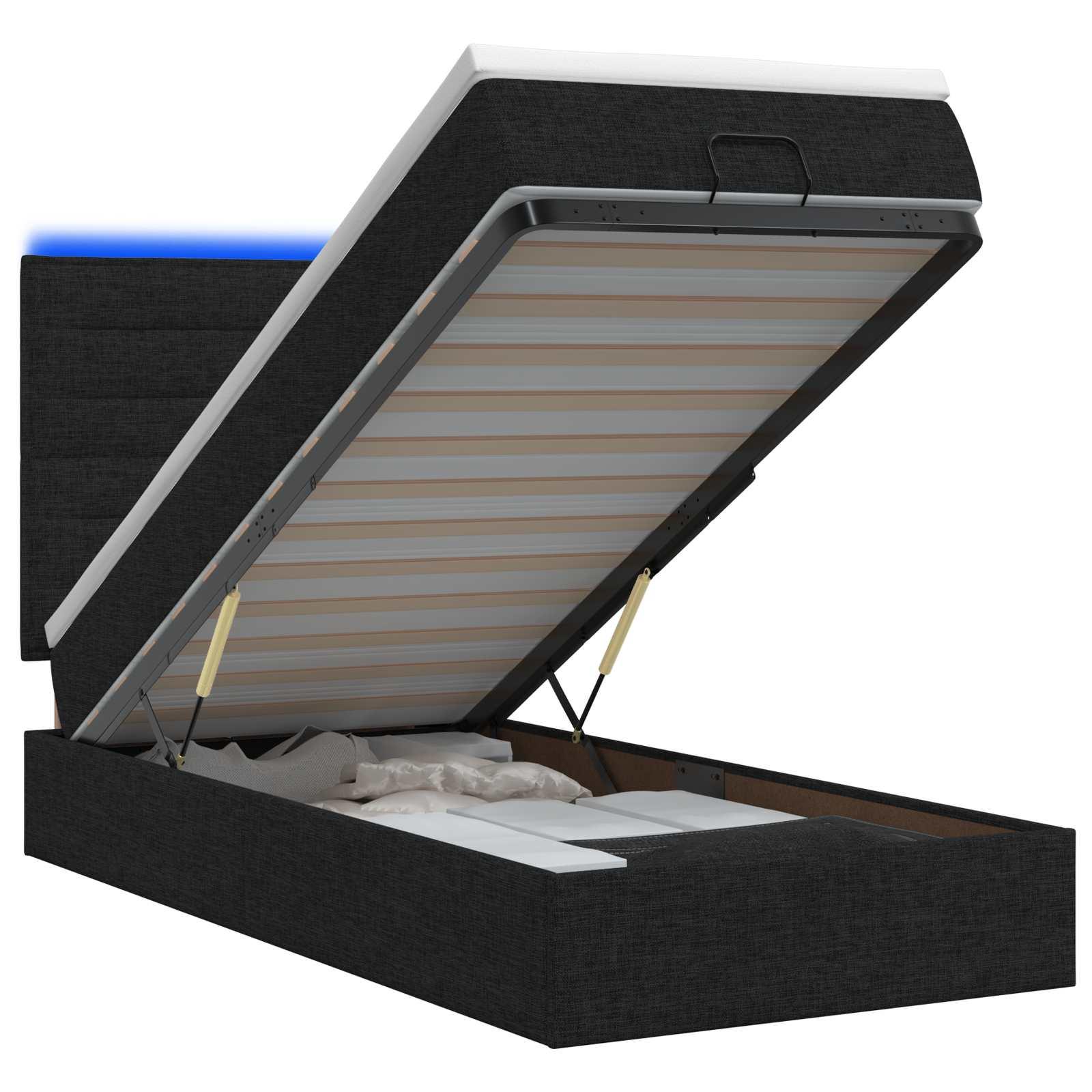 Ottoman seng med madras og LED sort 90 x 190 cm stof
