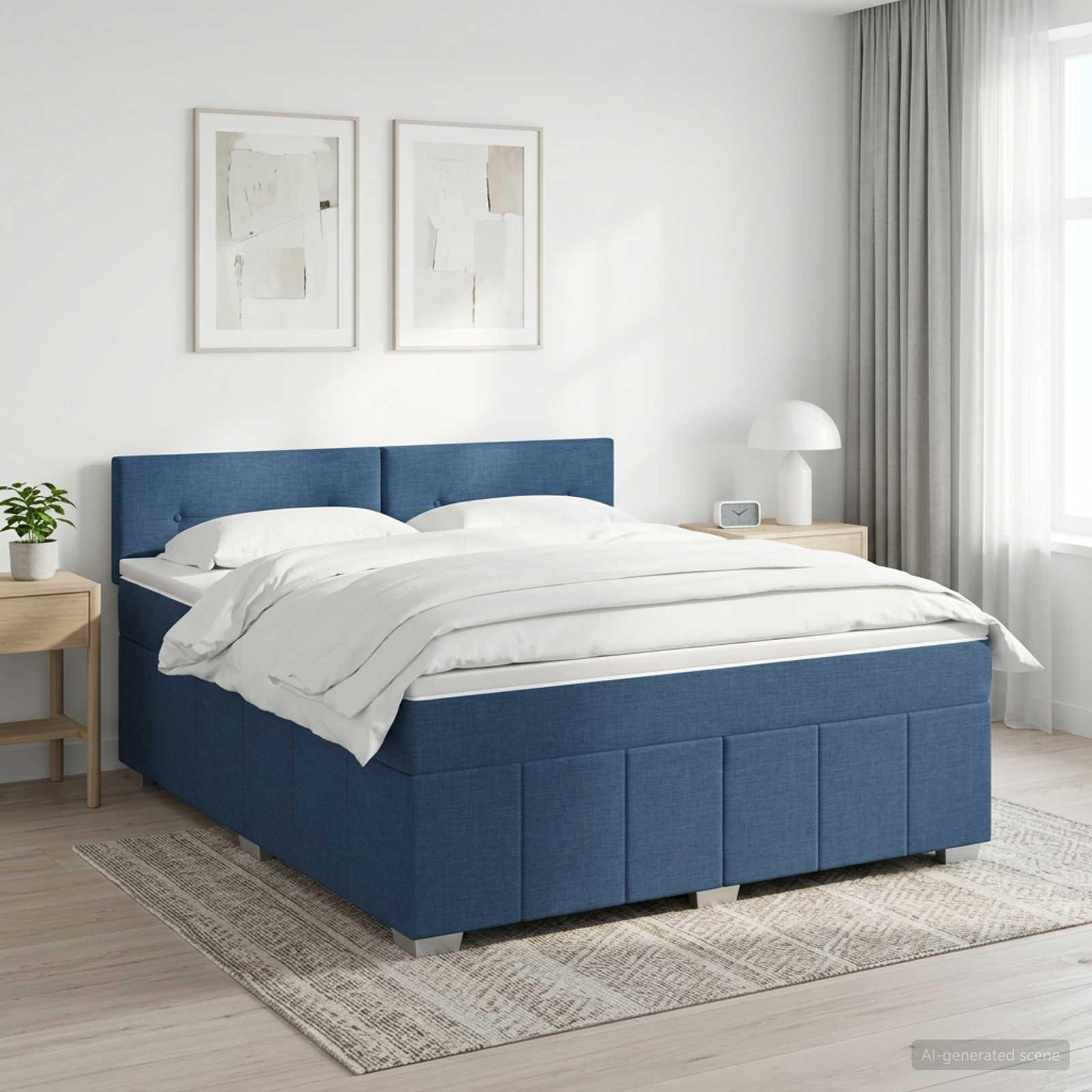 Boxmadras med topmadras og hovedgærde 160 x 200 cm blå stof