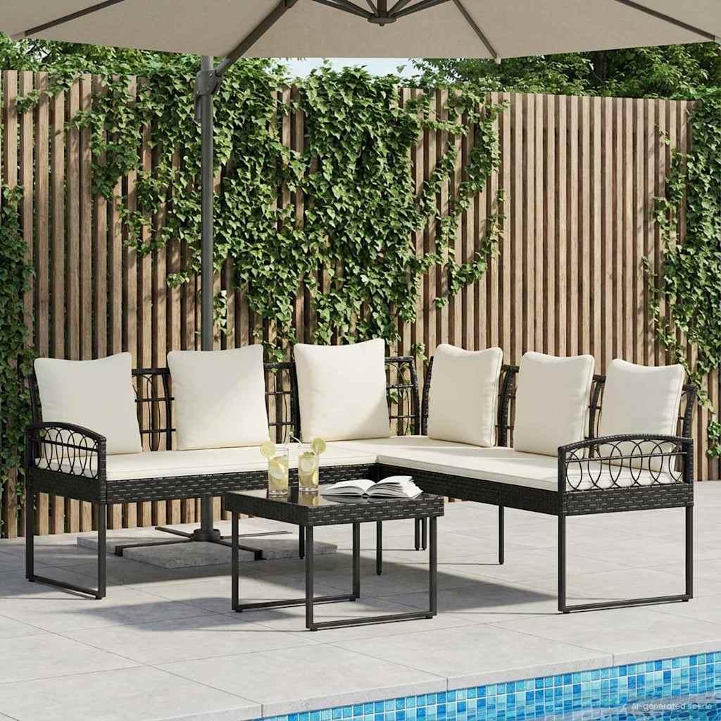 Havesofa sæt i poly rattan og stål med bord - sort/creme