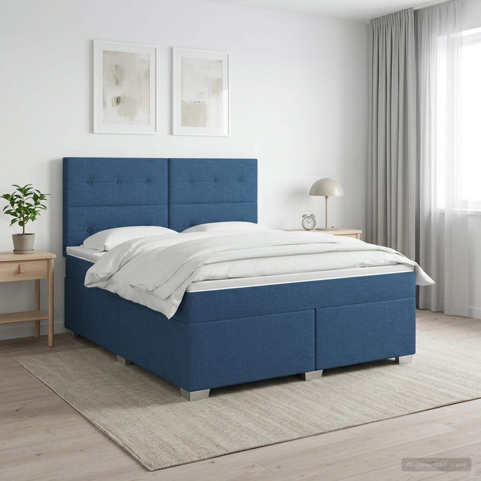 Boxmadras med topmadras og justerbart hovedgærde 140 x 190 cm - blå stof