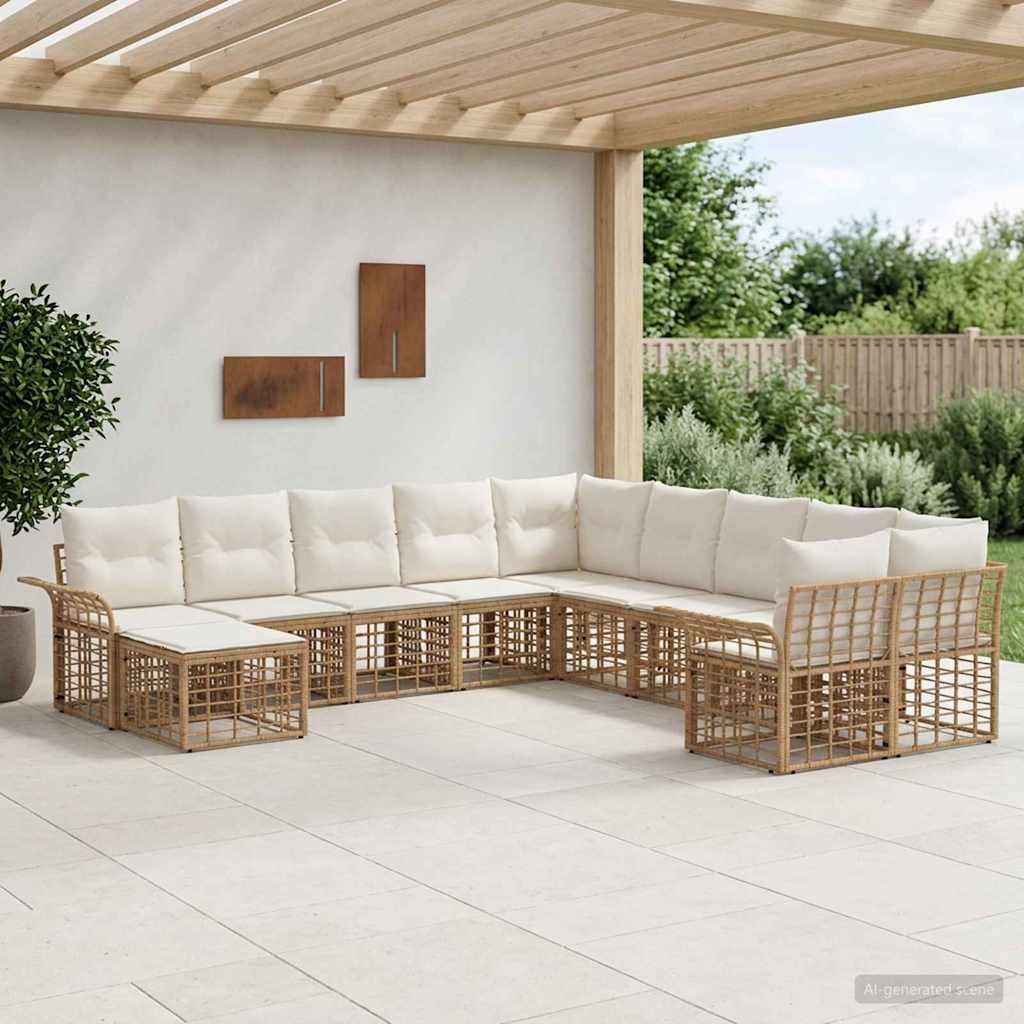 Udendørs sofagruppe 11 stk. i polyrattan - naturlig og cremehvid