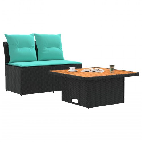 Havemøbel midtersofa i polyrattan med løftbart bord - sort/turkis, 2 pers.