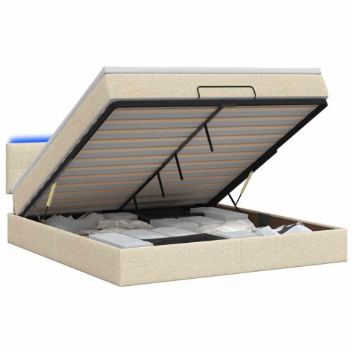 Ottoman seng med madras og LED 180 x 200 cm cremefarvet stof