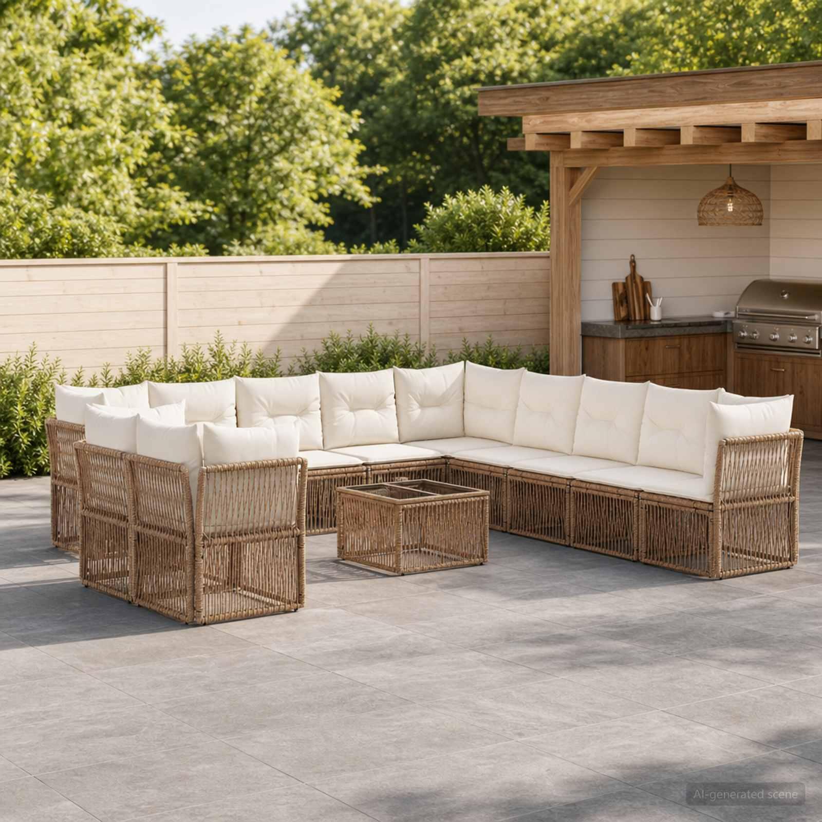 Havesofa sæt 12 dele i beige polyrattan med modulopbygning