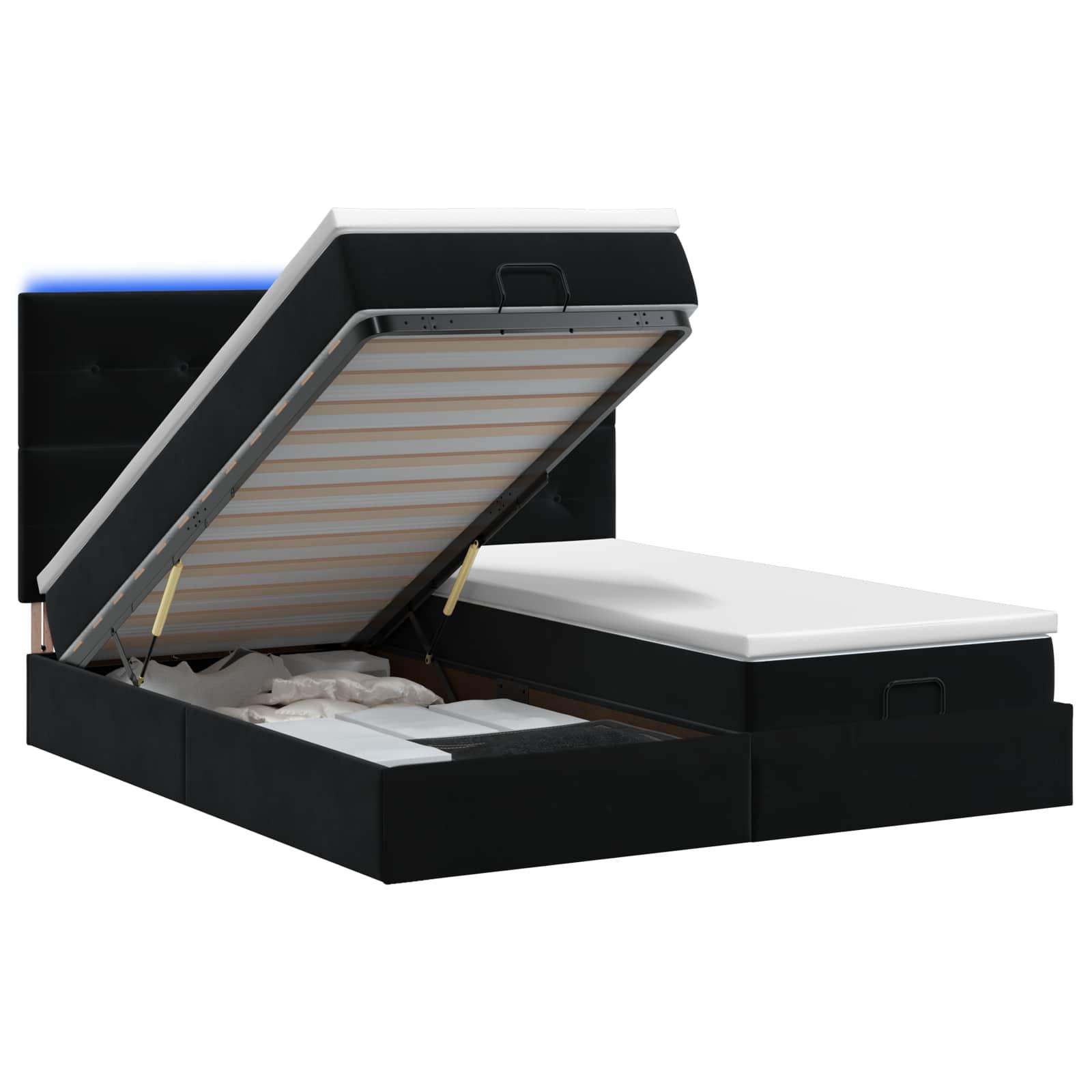 Ottoman seng med madras og LED 180 x 200 cm - sort velour