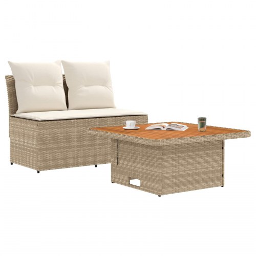 Havemøbel midtersofa i polyrattan med løftbart bord til 2 personer - beige/creme