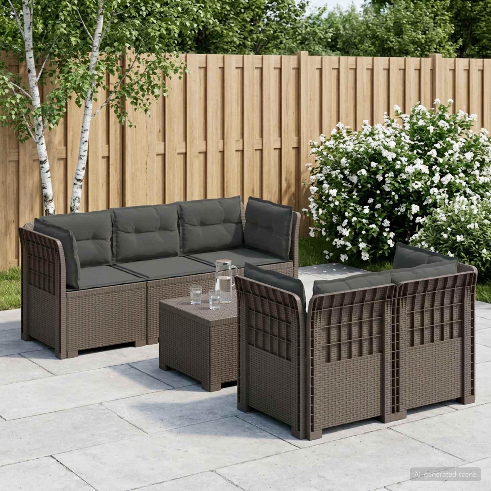 5-personers havemøbel sofa loungesæt med hynder i rattan-look PP lysegrå