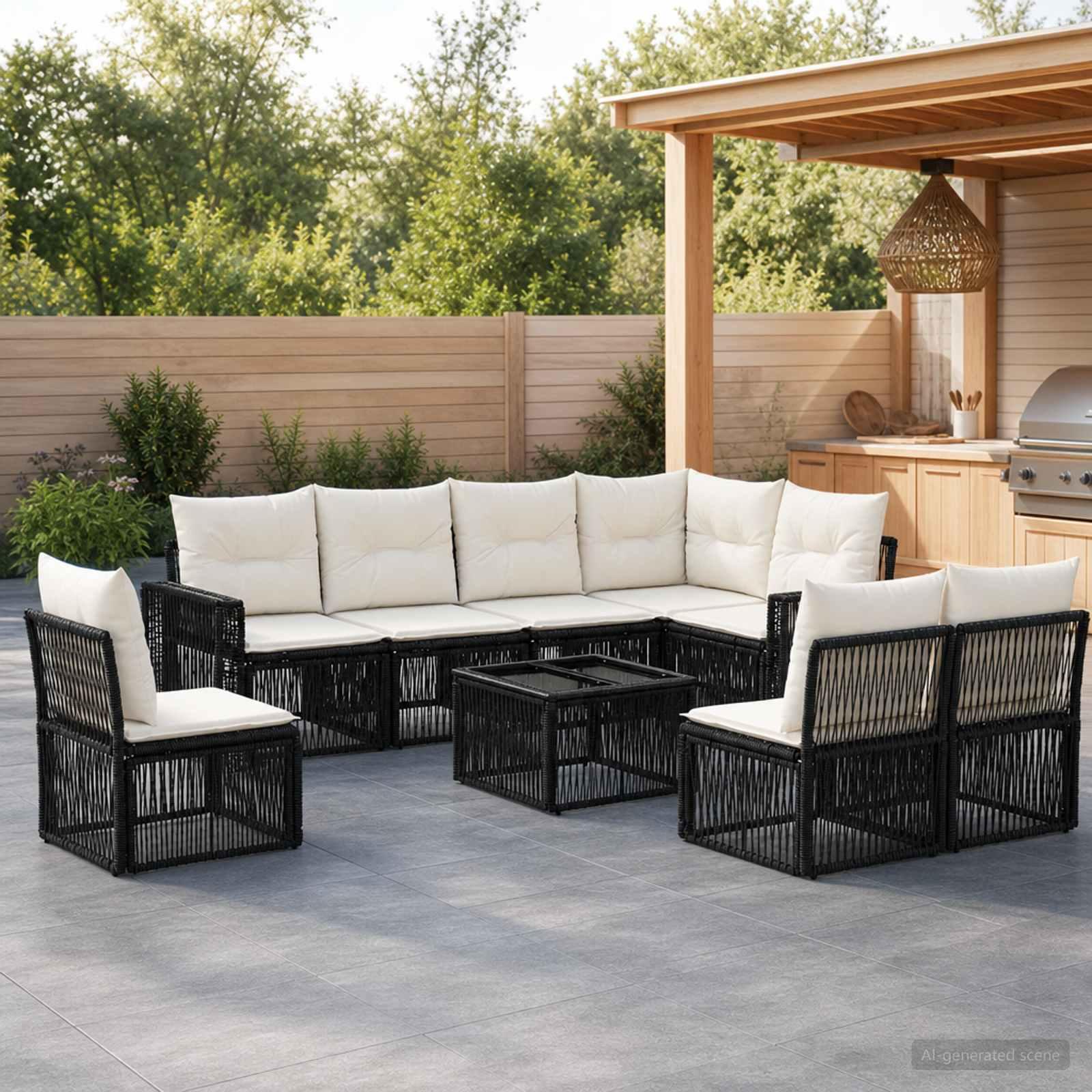 vidaXL Havesofa Sæt 9 stk. Sort og Cremehvid polyrattan