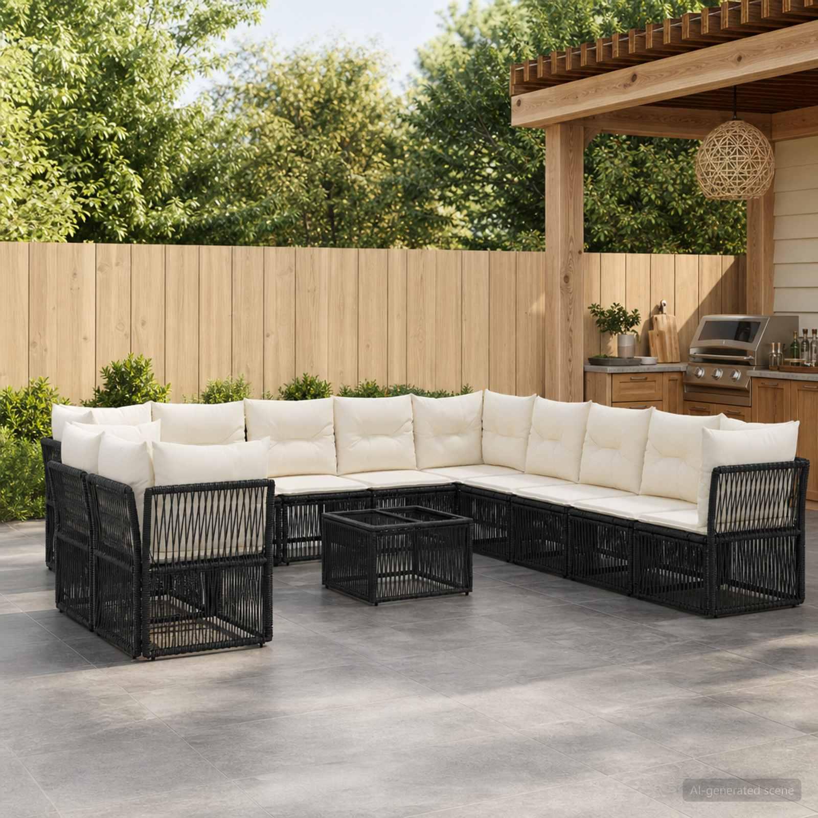 Havesofa sæt 12 stk. i sort polyrattan til have og terrasse