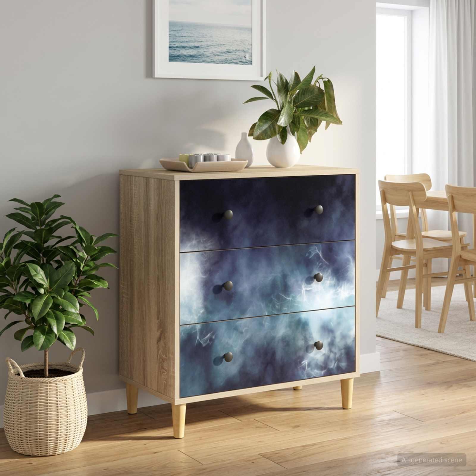 Skuffeskab RAALTE med 3 skuffer 66 x 36,5 x 75 cm Sonoma-eg og blå marmorprint