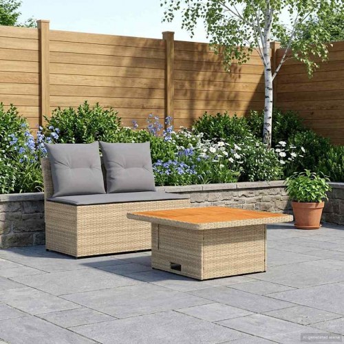 Havemøbel midtersofa 2-pers. med løftbart bord i polyrattan beige/lys grå