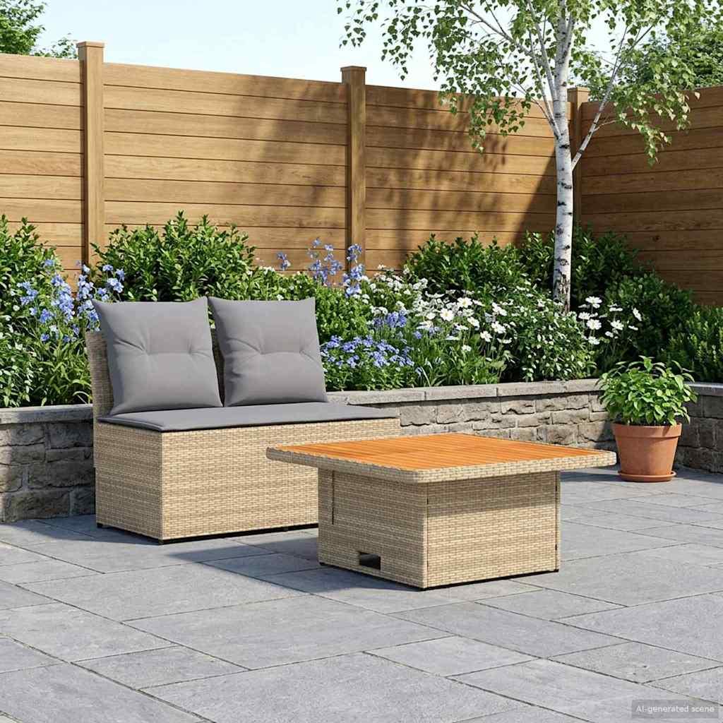Havemøbel midtersofa 2-pers. med løftbart bord i polyrattan beige/lys grå