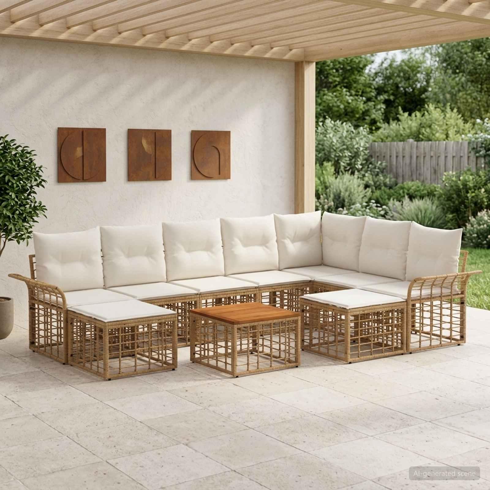 Udendørs sofagruppe 10 stk. i polyrattan - naturlig og cremehvid