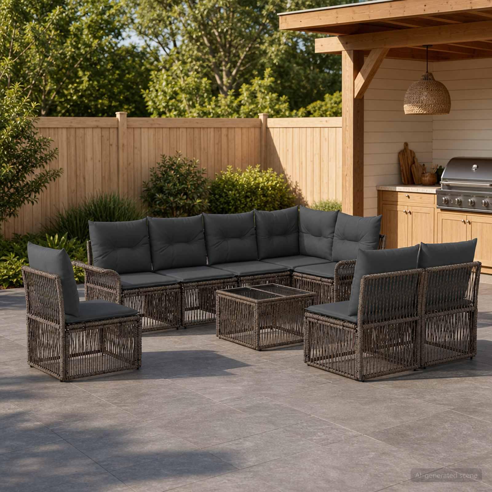 Havesofa sæt 9 dele i grå polyrattan - modulært lounge sæt til terrasse