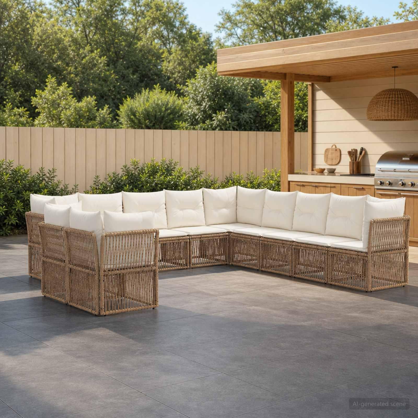 Havesofa sæt 11 stk. i beige polyrattan modulsofa til terrasse