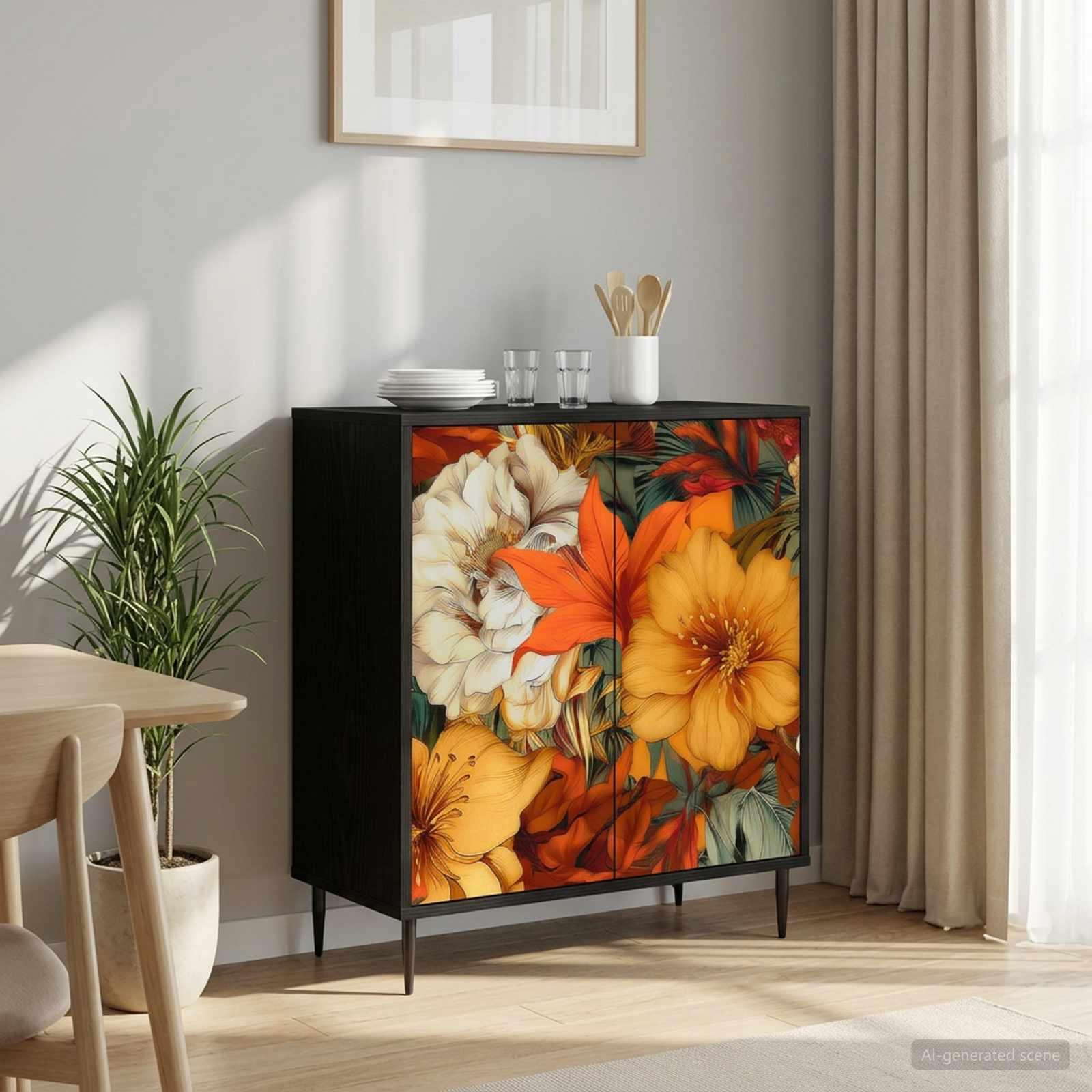 Sideboard GENNEP sort eg 69 x 33 x 76 cm med blomsterfront
