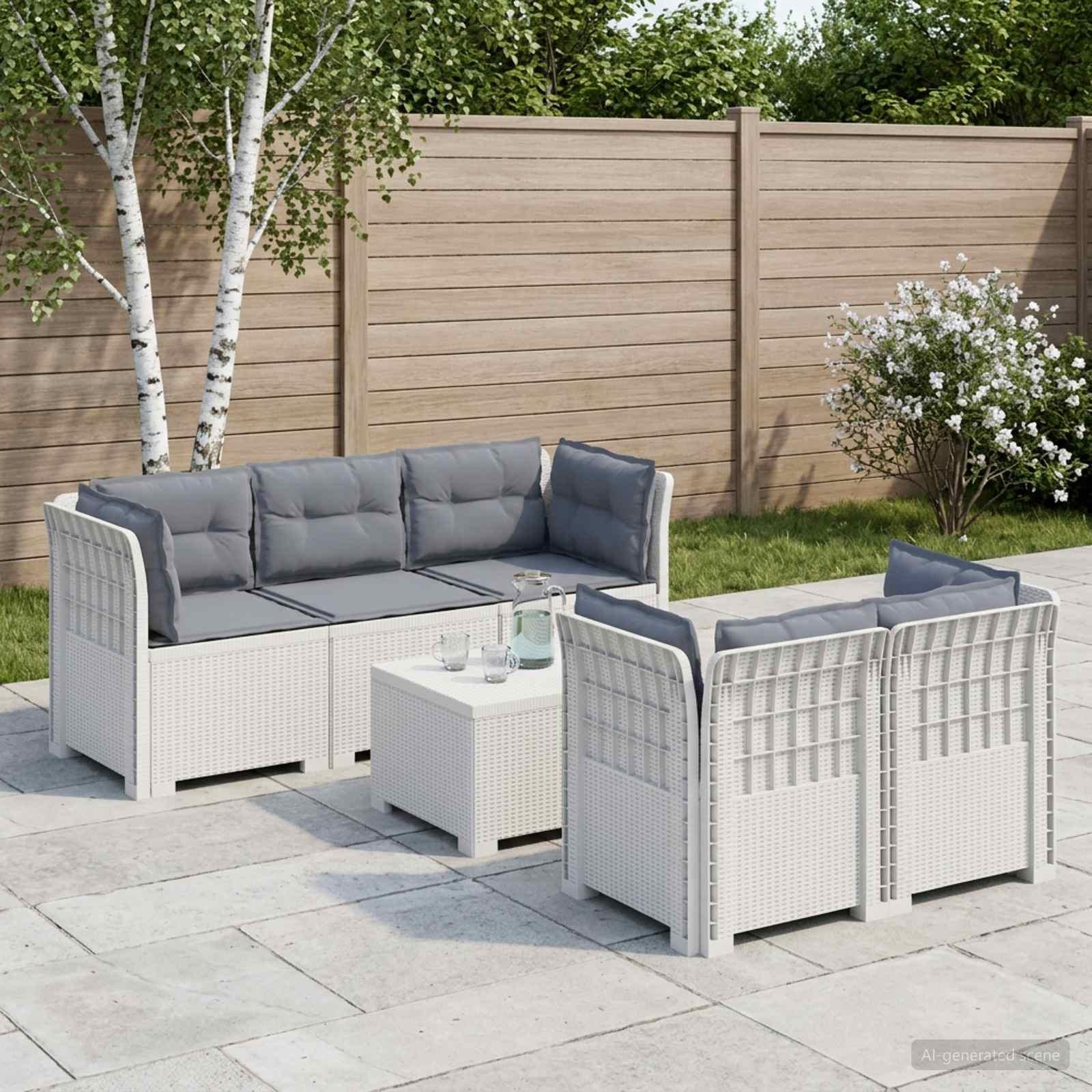 5-personers havemøbel sofa med hynder i rattan-look PP hvid