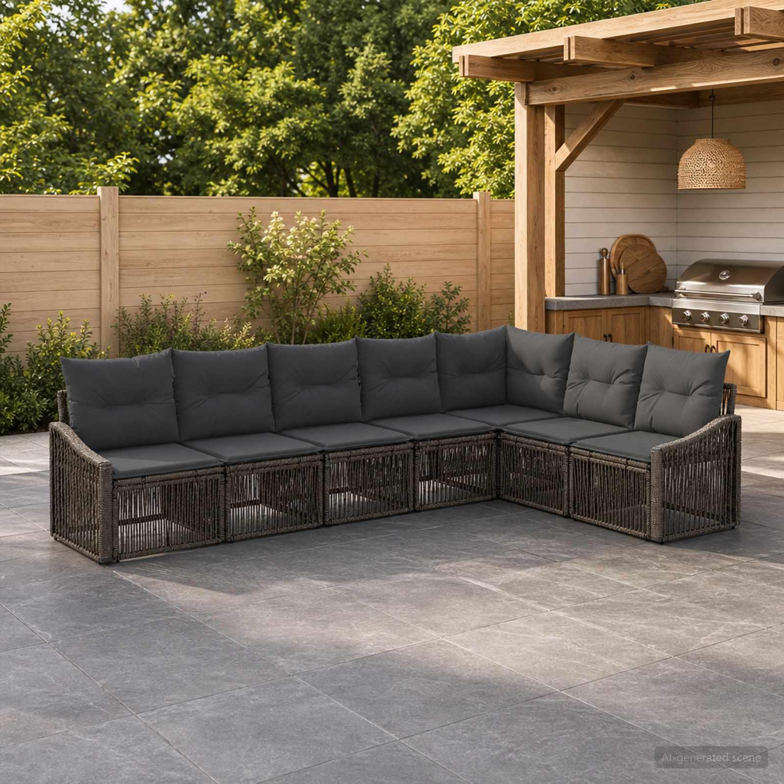 Havesofa sæt 7 stk. i grå polyrattan til terrasse og have