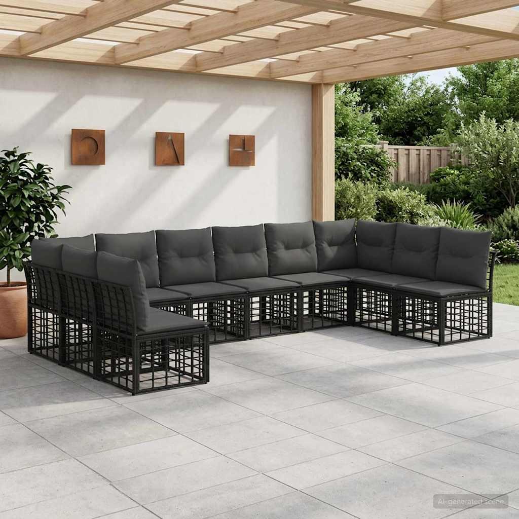Udendørs sofagruppe i sort polyester og polyrattan til 10 personer