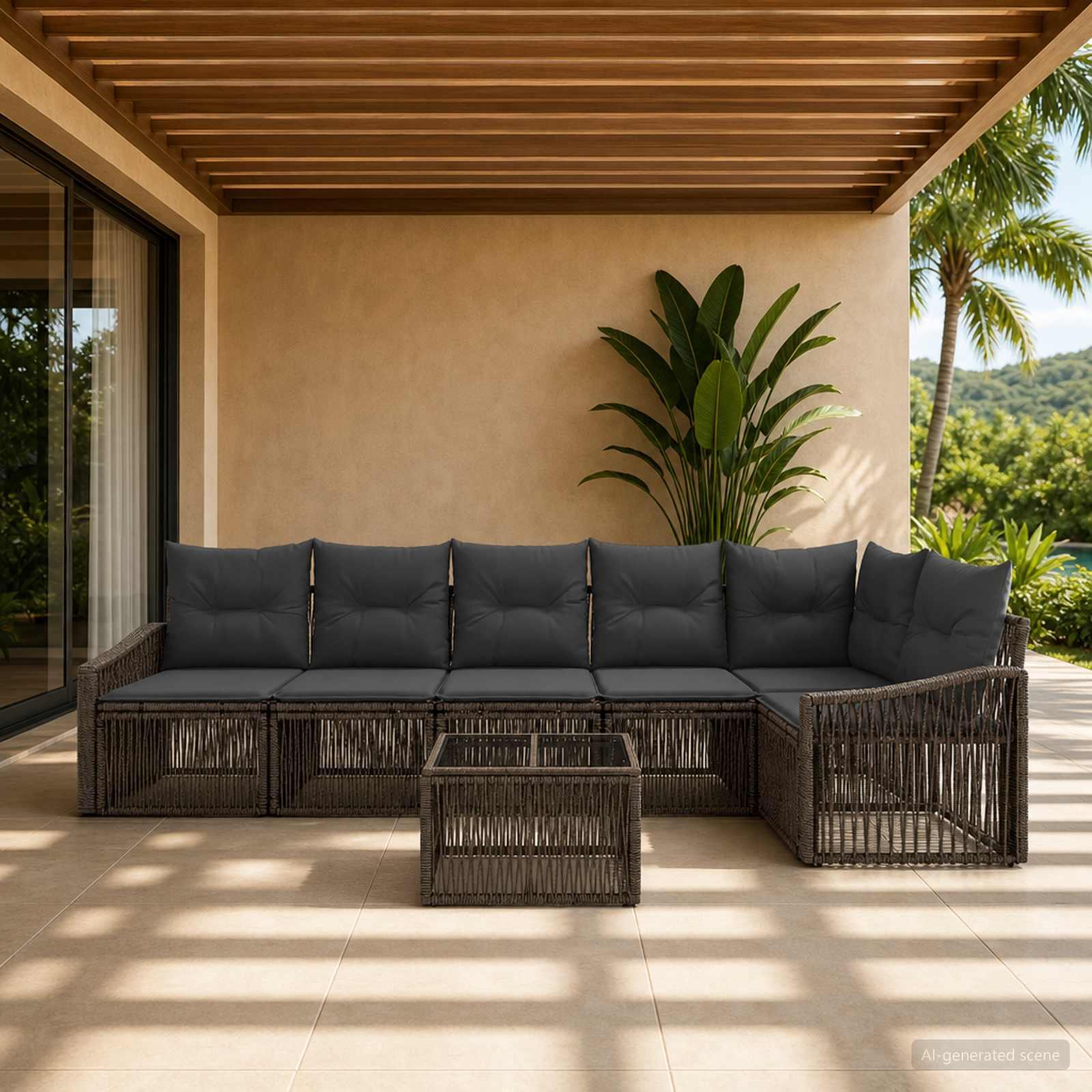 Havesofa sæt 7 stk. i grå polyrattan modulsofa til terrasse