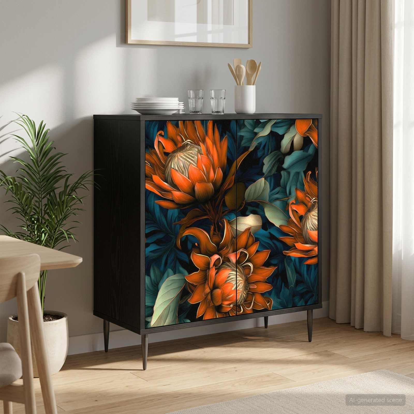 Sideboard LOCHEM sort eg 69 x 33 x 76 cm med blomstermønster