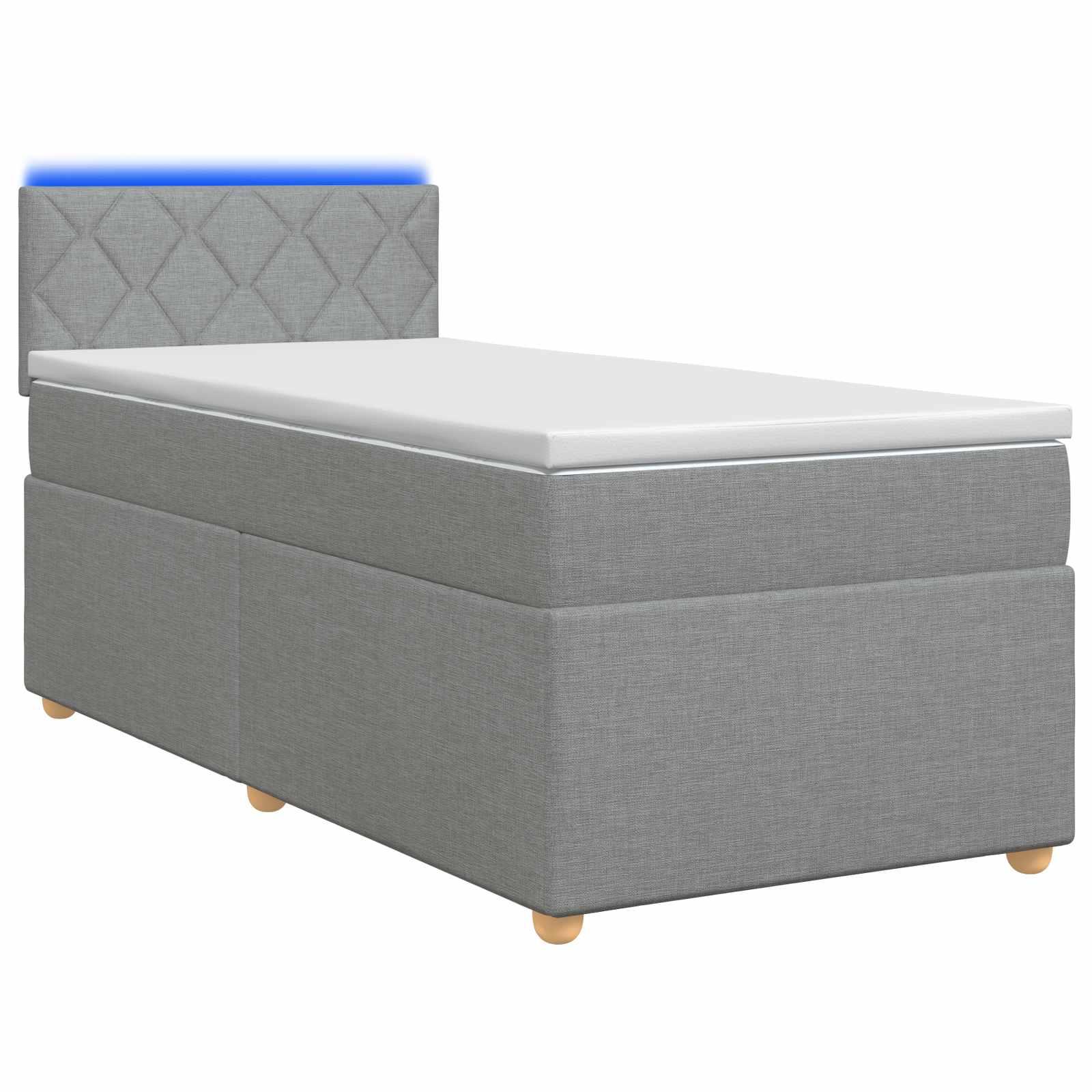 Box Spring Seng med Madras og LED Lysegrå 90 x 190 cm Stof