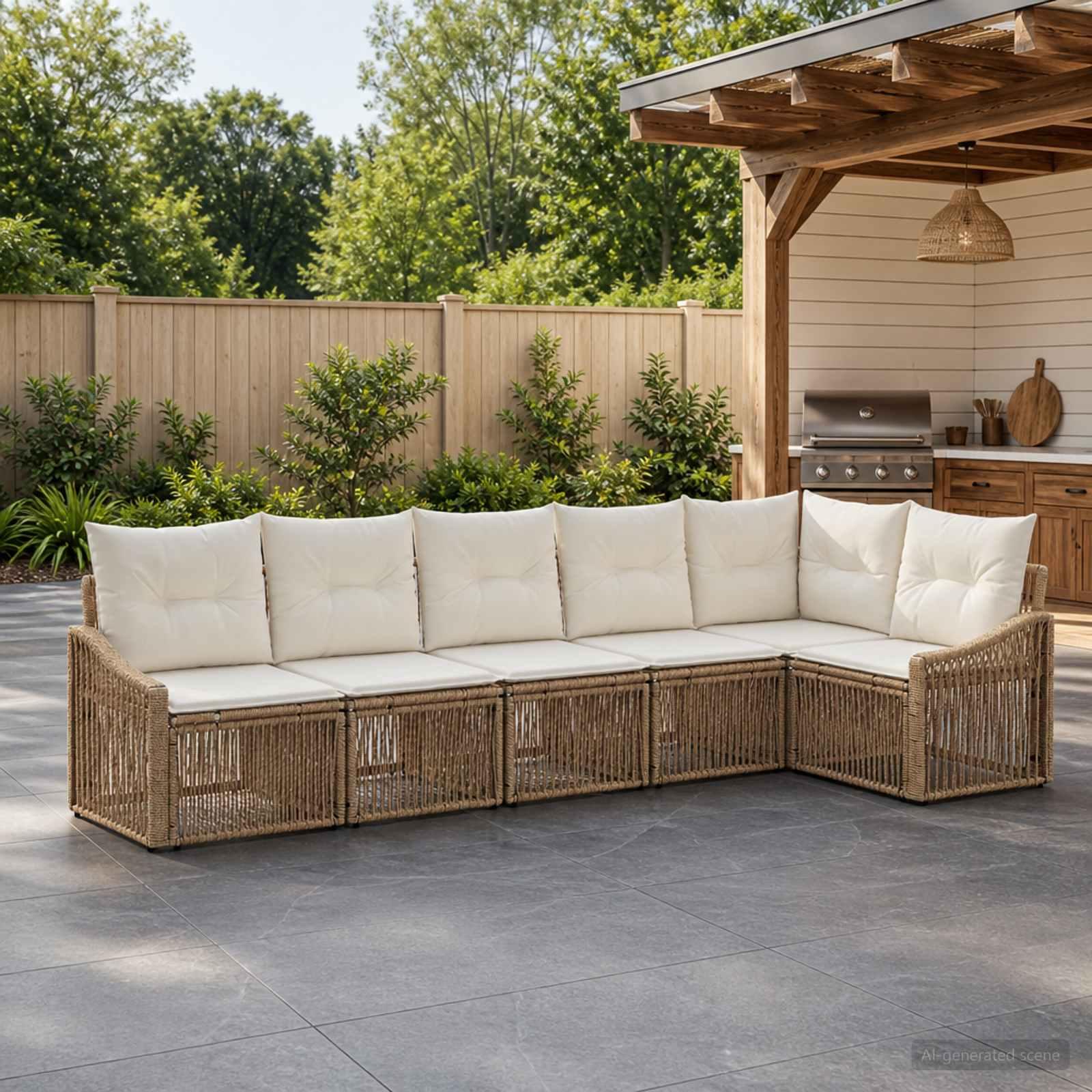 Havesofa sæt i beige polyrattan til 6 personer modulært