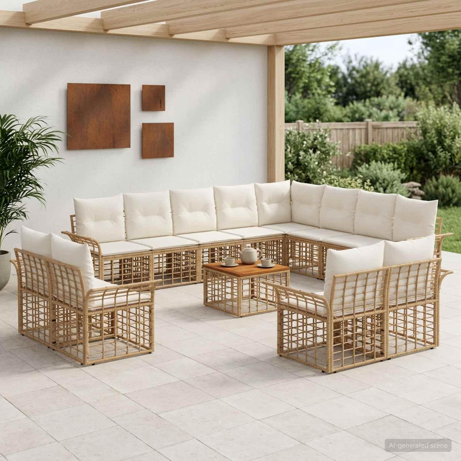 Udendørs sofagruppe 13 stk. i polyrattan - naturlig og cremehvid