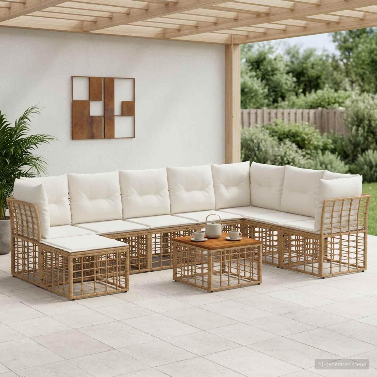 Udendørs sofagruppe 9 stk. i poly rattan - naturlig og cremehvid