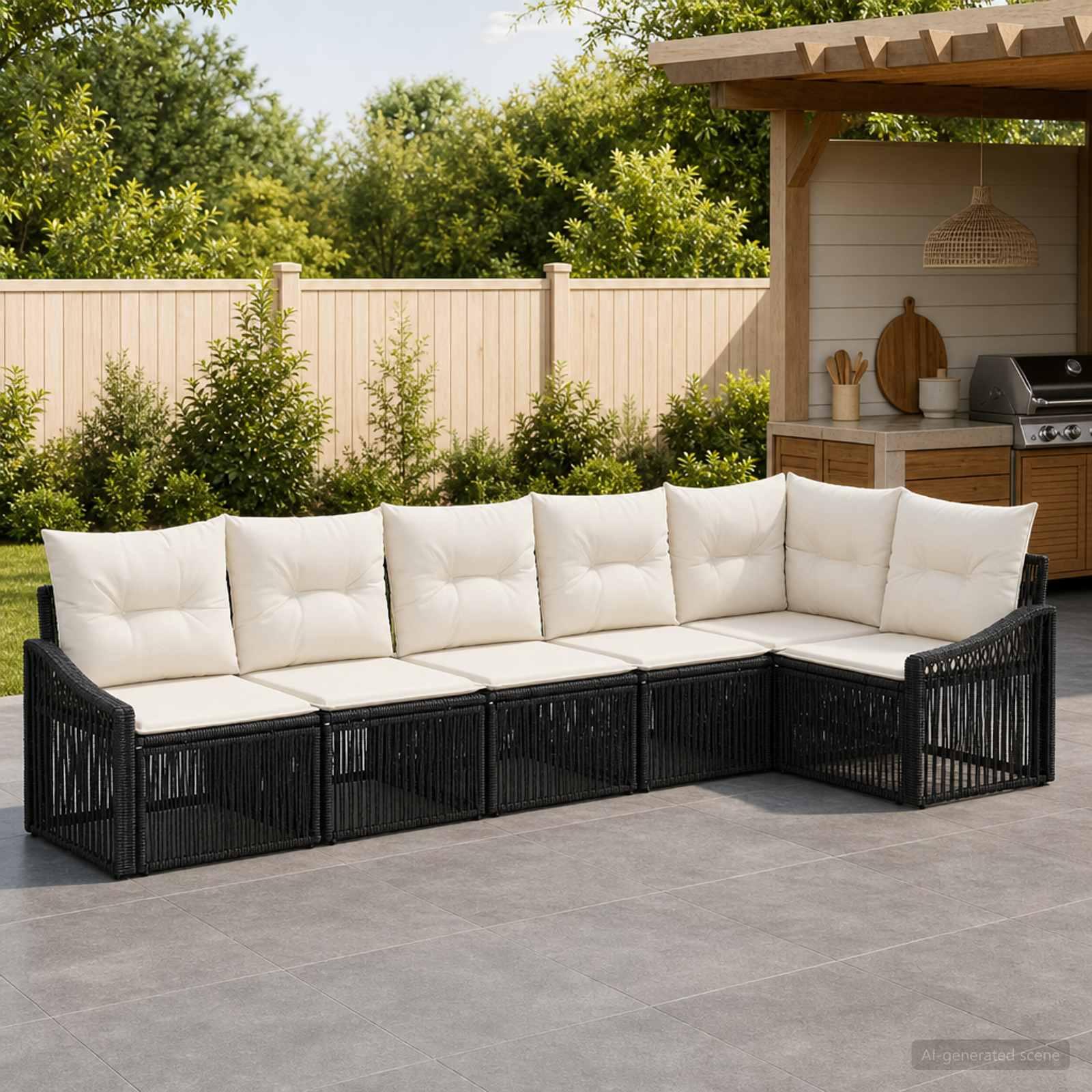 Havesofa sæt 6 stk. i sort polyrattan modulsofa