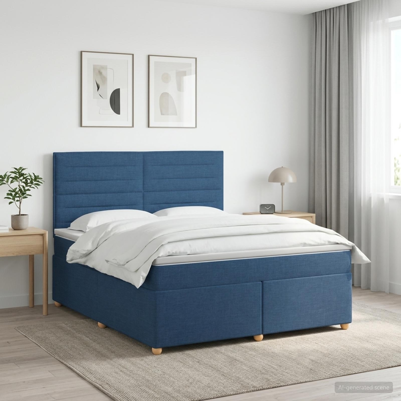 Boxmadras seng med topmadras og hovedgærde 140 x 200 cm i blå stof