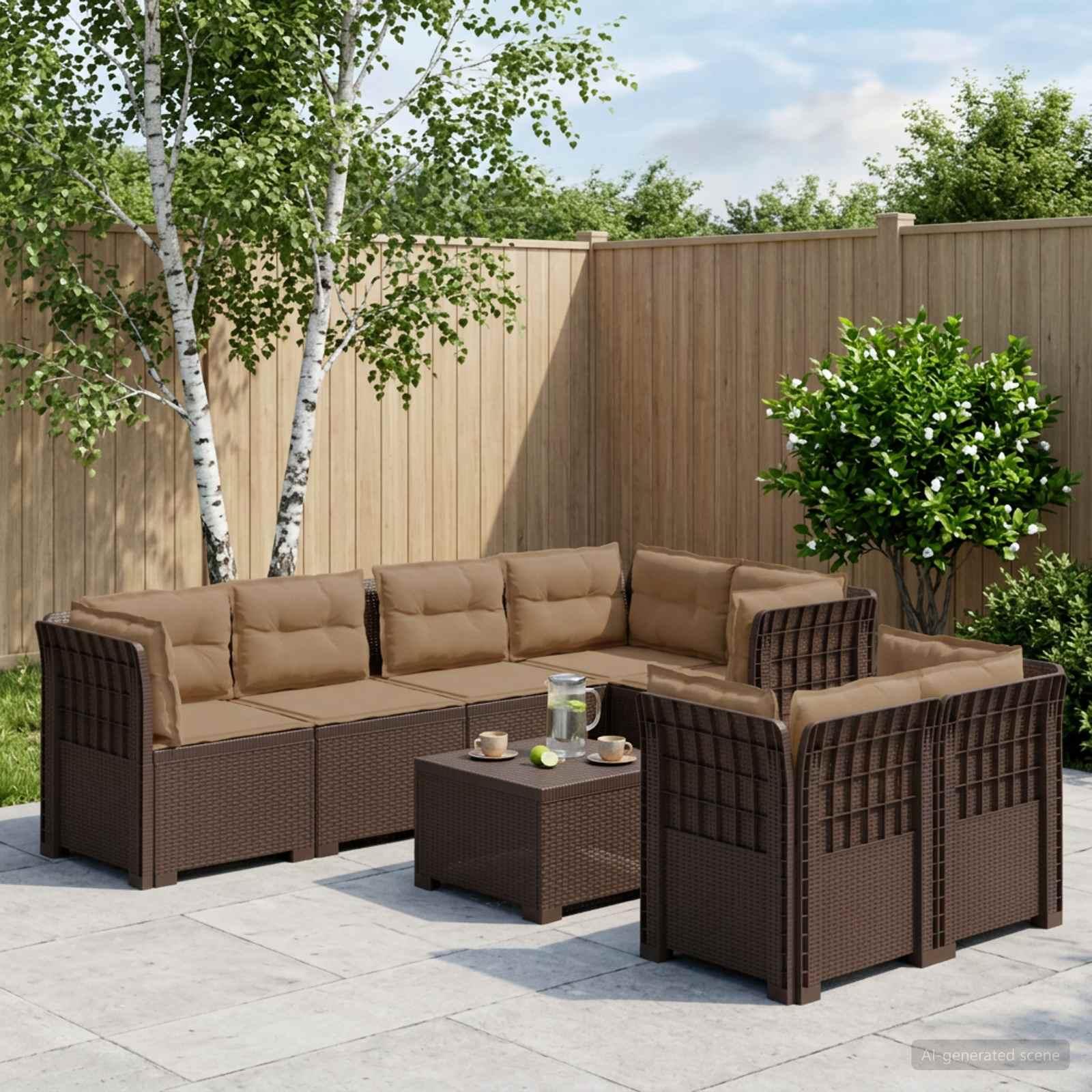 7-personers have-sofa loungesæt i rattanlook PP med puder - brun