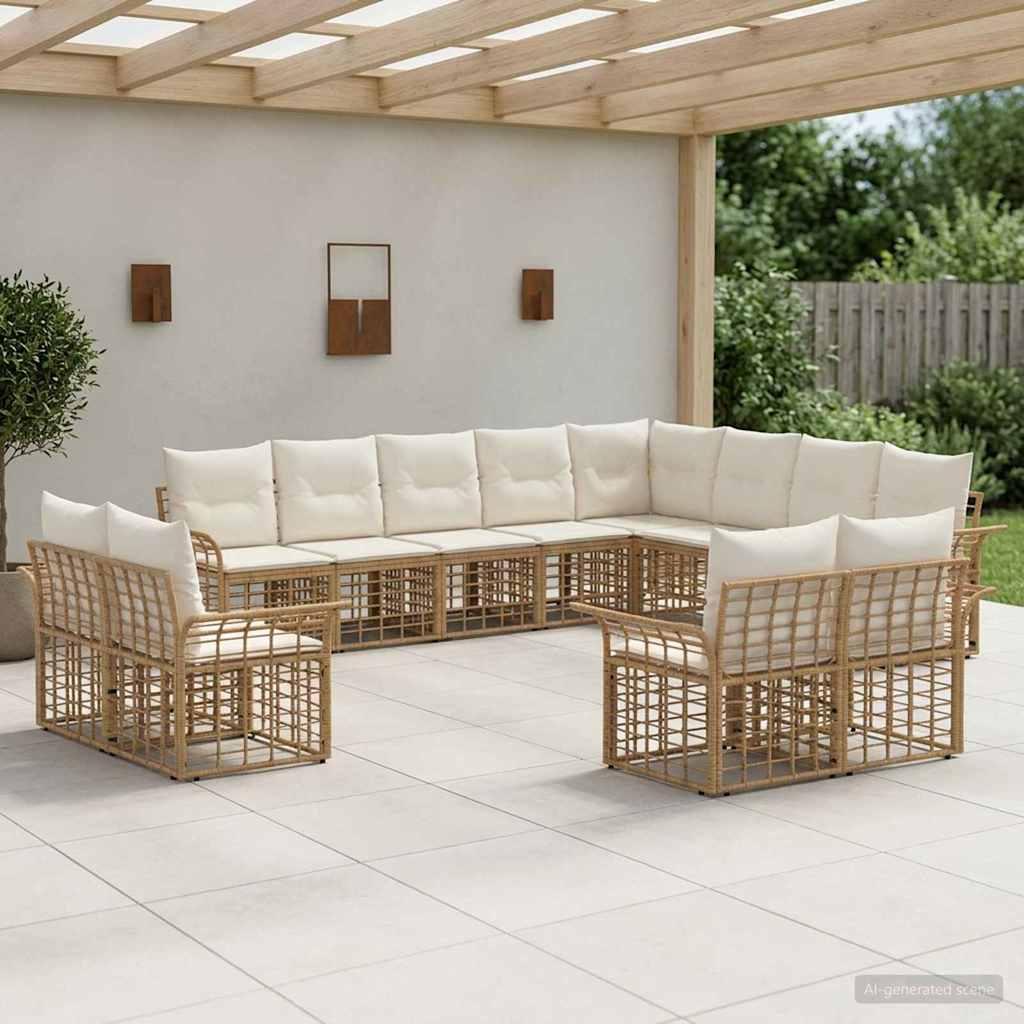 Udendørs sofagruppe 12 stk. i polyrattan - naturlig og cremehvid