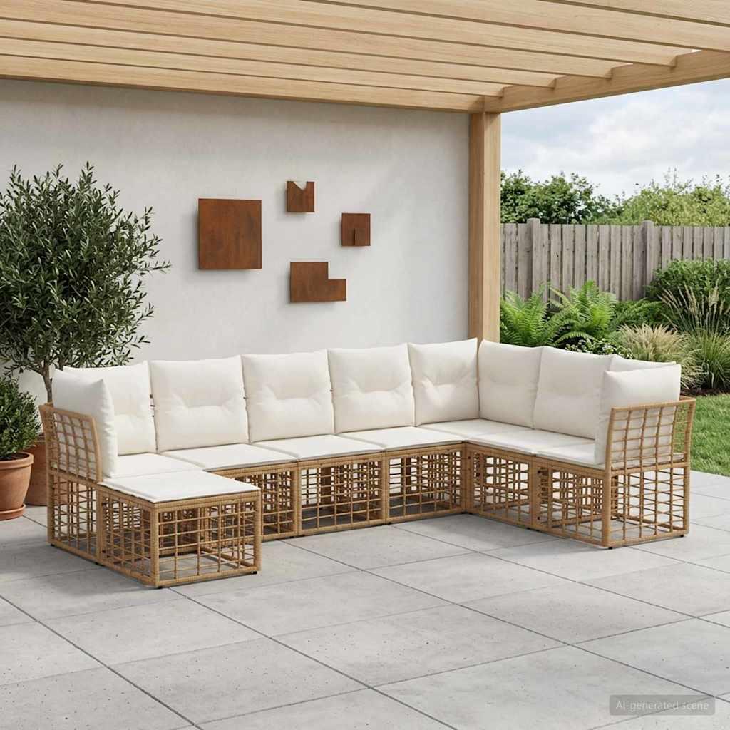 Udendørs sofagruppe i naturfarvet polyrattan og polyester til 8 personer