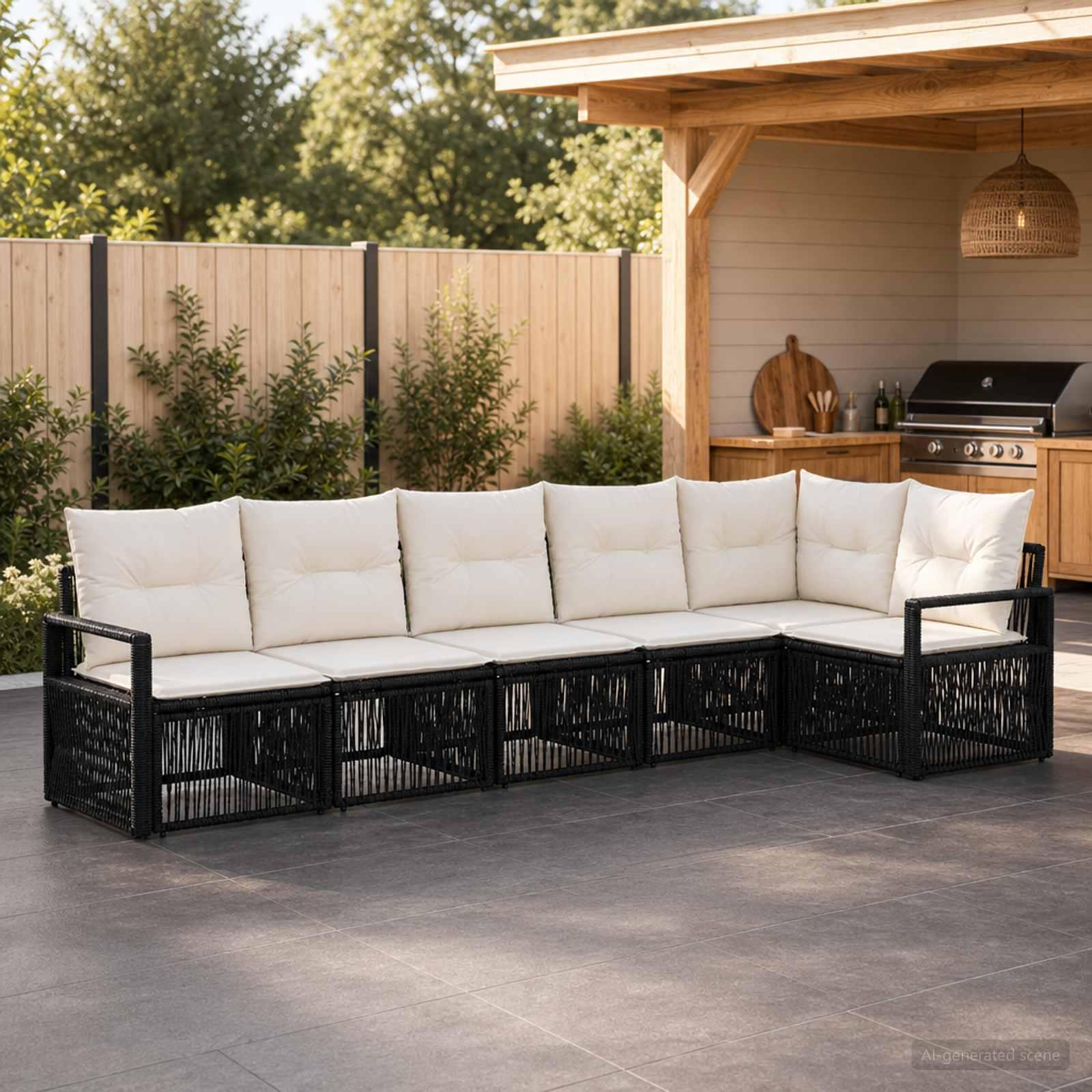 Havesofa sæt 6 stk. i sort polyrattan med cremehvide puder