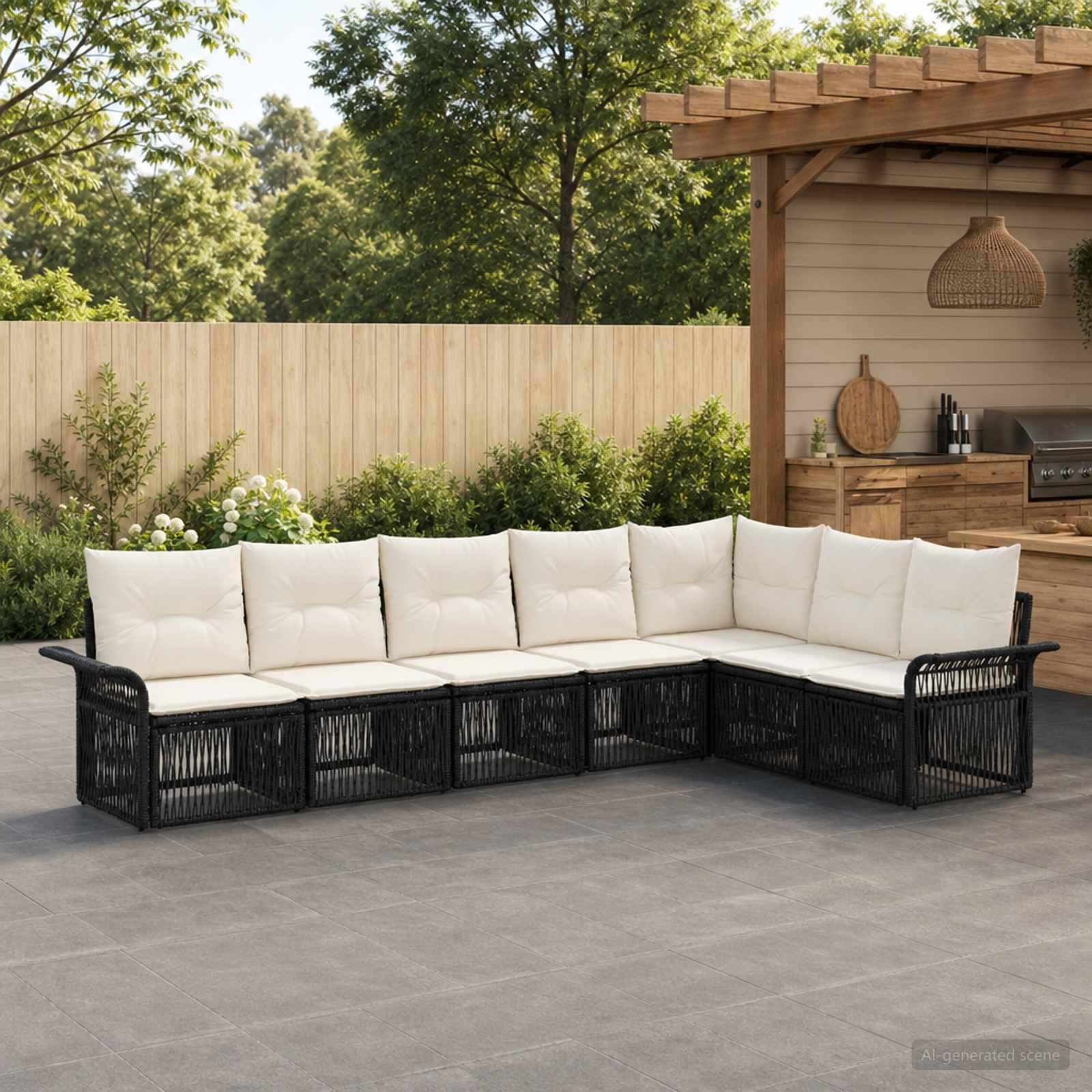Havesofa sæt 7 stk. i sort polyrattan modulsofa