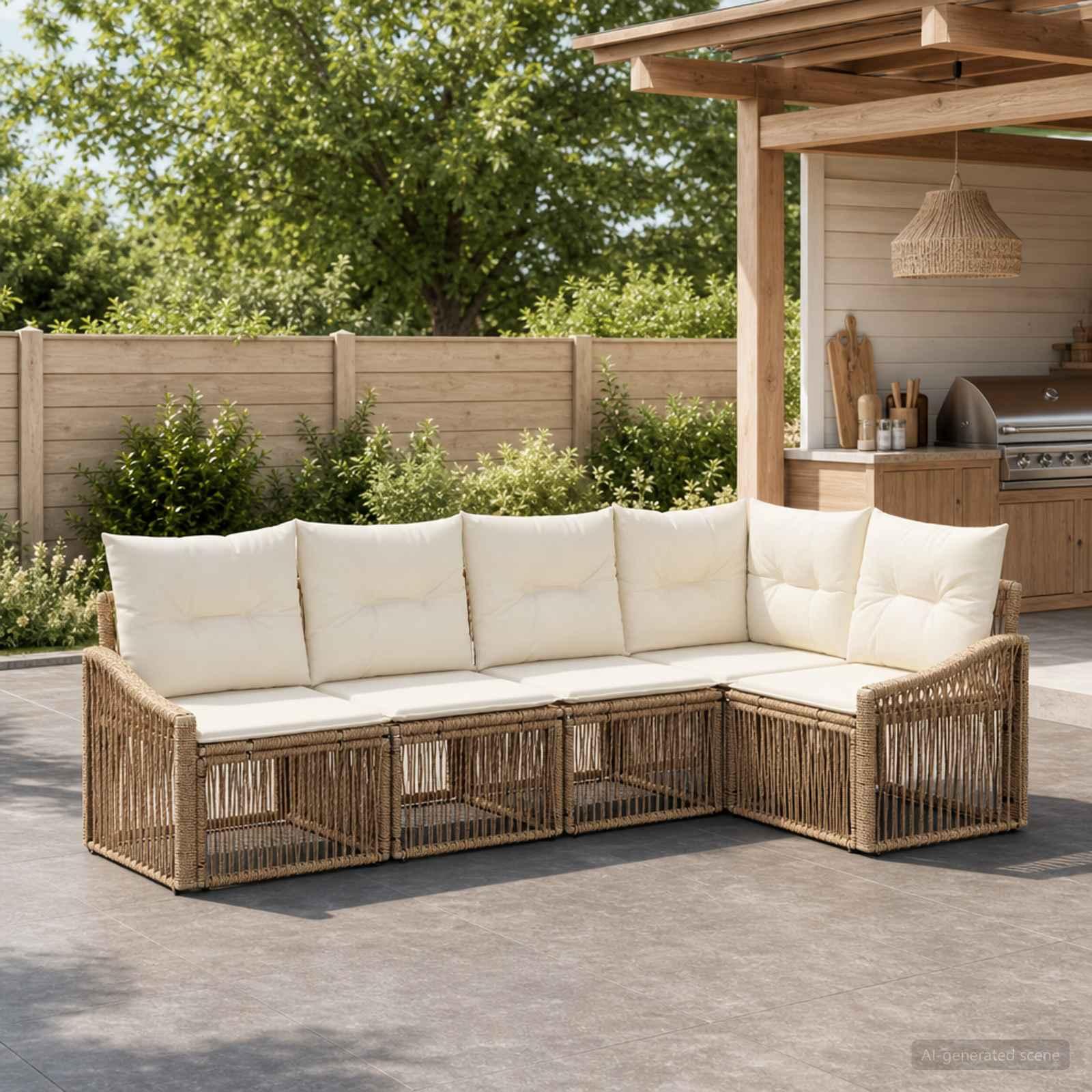Havesofa sæt 5 stk. i beige polyrattan modulsofa til have og terrasse